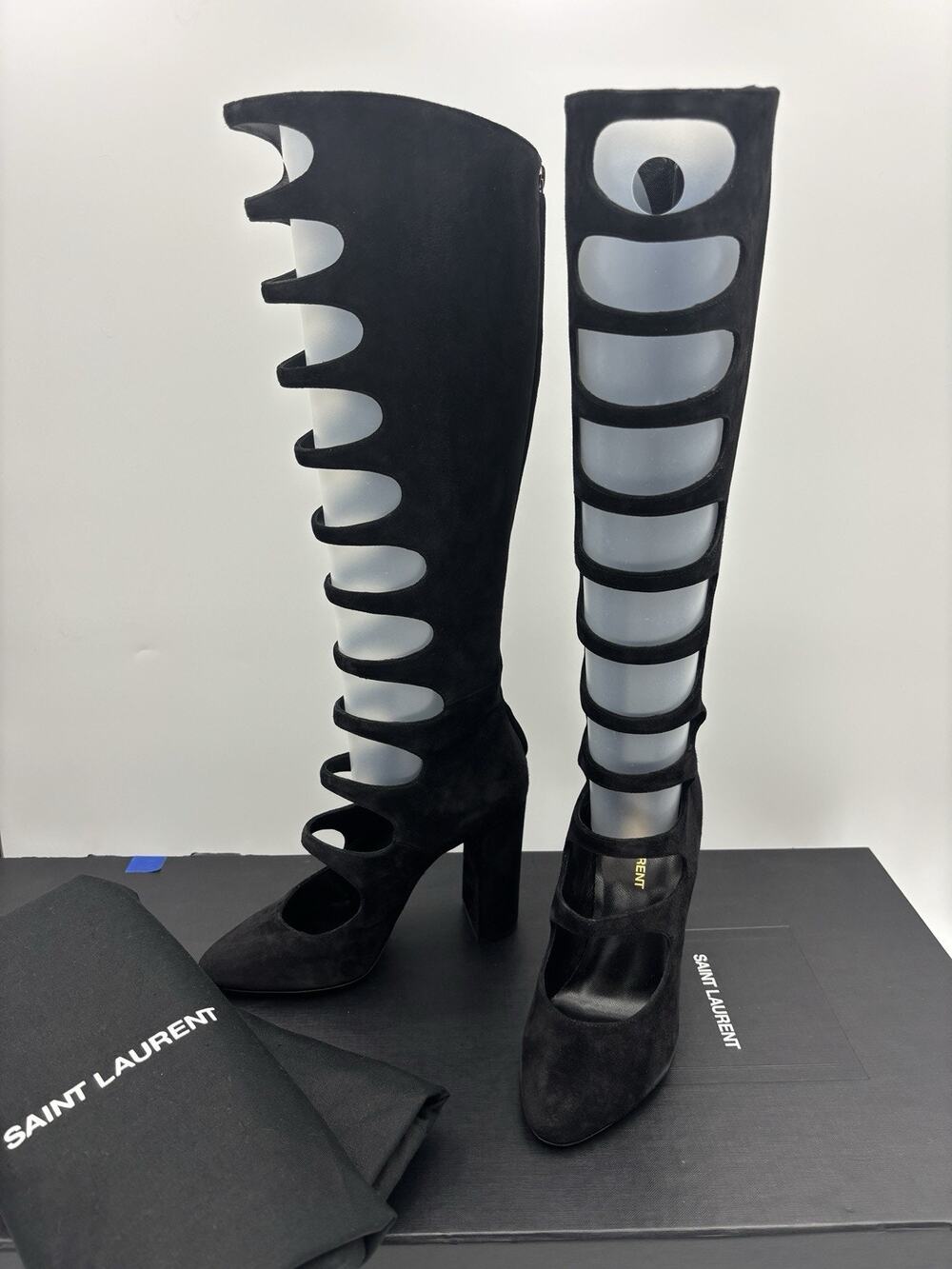 Saint Laurent Joplin 105 Knee High Boots Size 37 / 7 Block Heel Cut Out Cage
